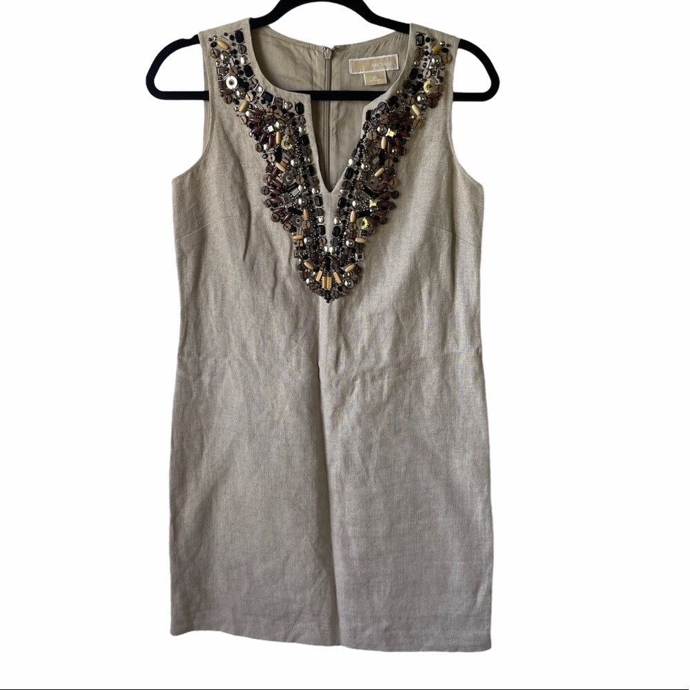 Michael Kors Size 2 Tan Linen Beaded Dress
